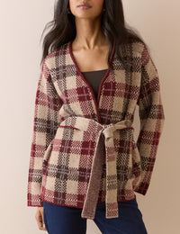 Brown and Burgundy Check Belted Knit Jacket