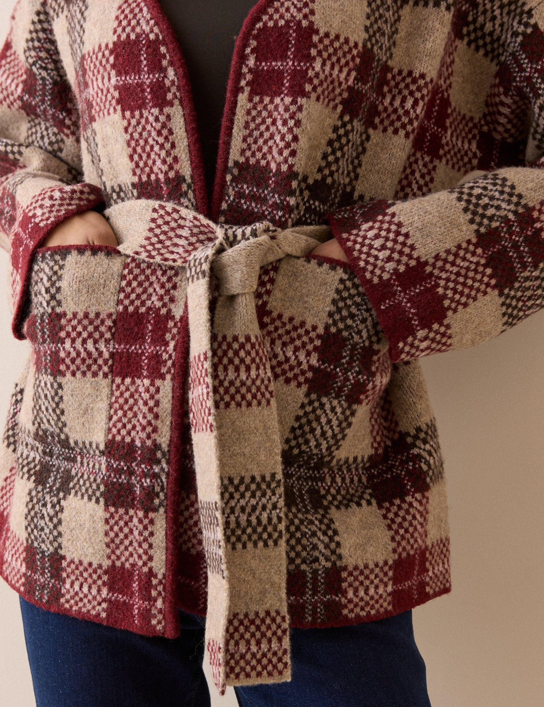 Brown and Burgundy Check Belted Knit Jacket