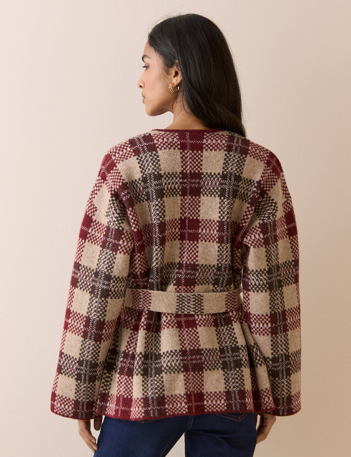 Brown and Burgundy Check Belted Knit Jacket