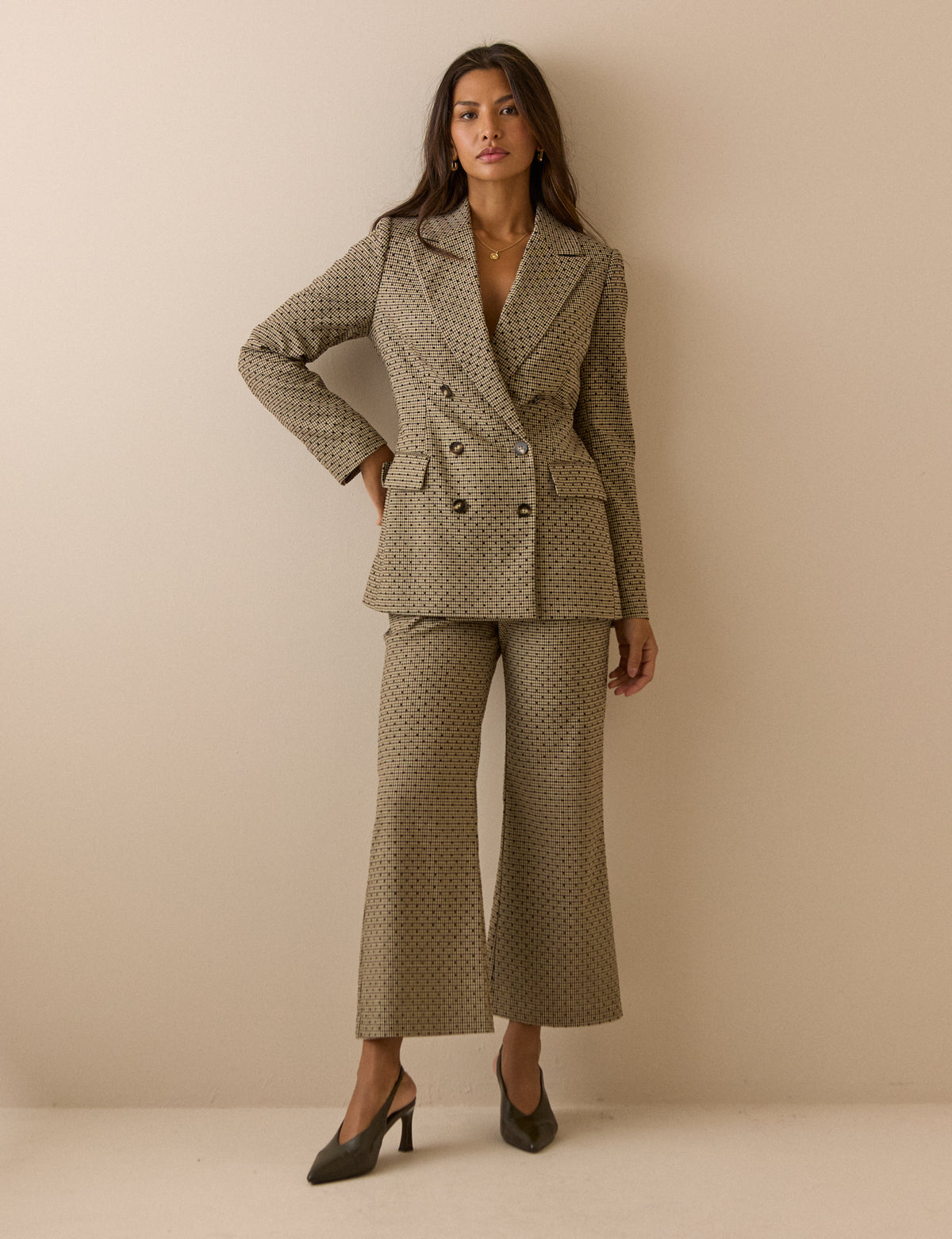 Beige Houndstooth Polka Dot Cropped Flare Trousers