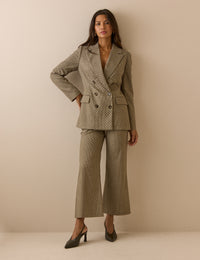 Beige Houndstooth Polka Dot Cropped Flare Trousers