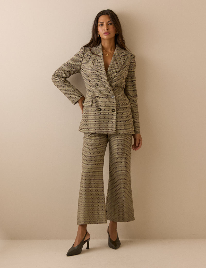Beige Houndstooth Polka Dot Cropped Flare Trousers