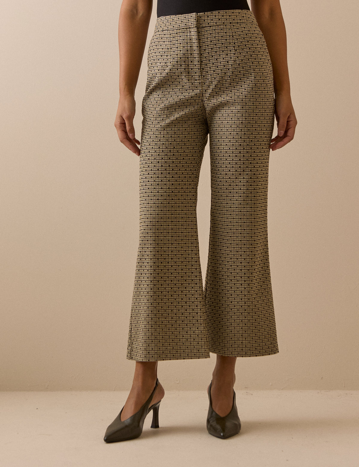 Beige Houndstooth Polka Dot Cropped Flare Trousers