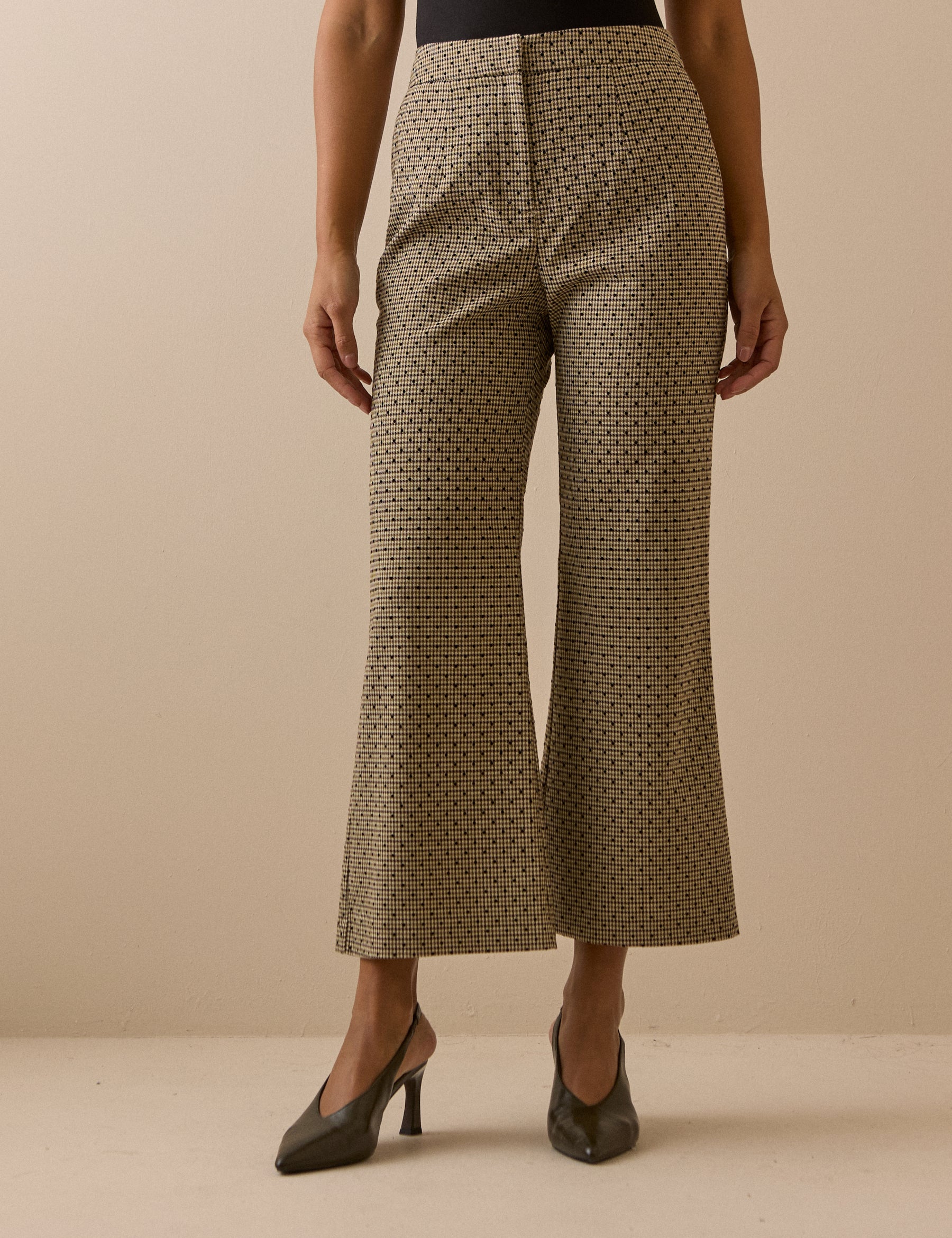 Beige Houndstooth Polka Dot Cropped Flare Trousers