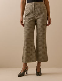 Beige Houndstooth Polka Dot Cropped Flare Trousers