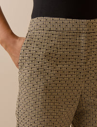 Beige Houndstooth Polka Dot Cropped Flare Trousers