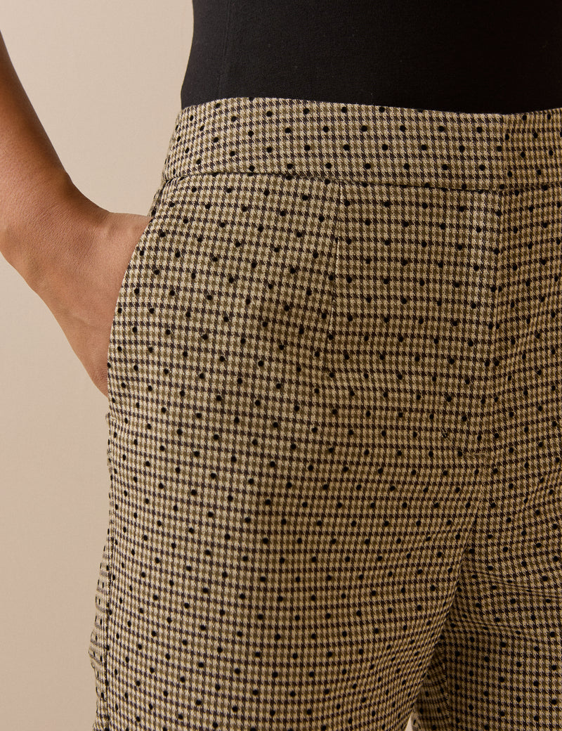 Beige Houndstooth Polka Dot Cropped Flare Trousers