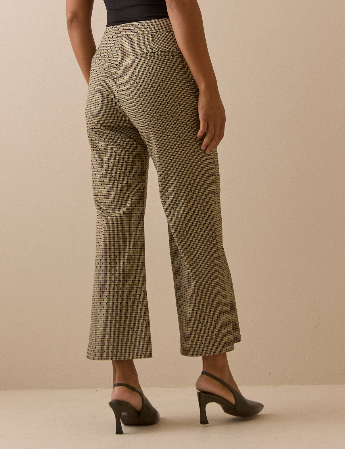 Beige Houndstooth Polka Dot Cropped Flare Trousers