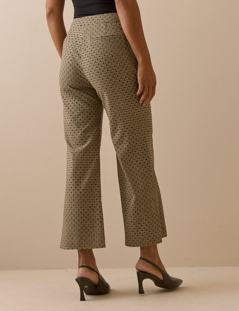 Beige Houndstooth Polka Dot Cropped Flare Trousers