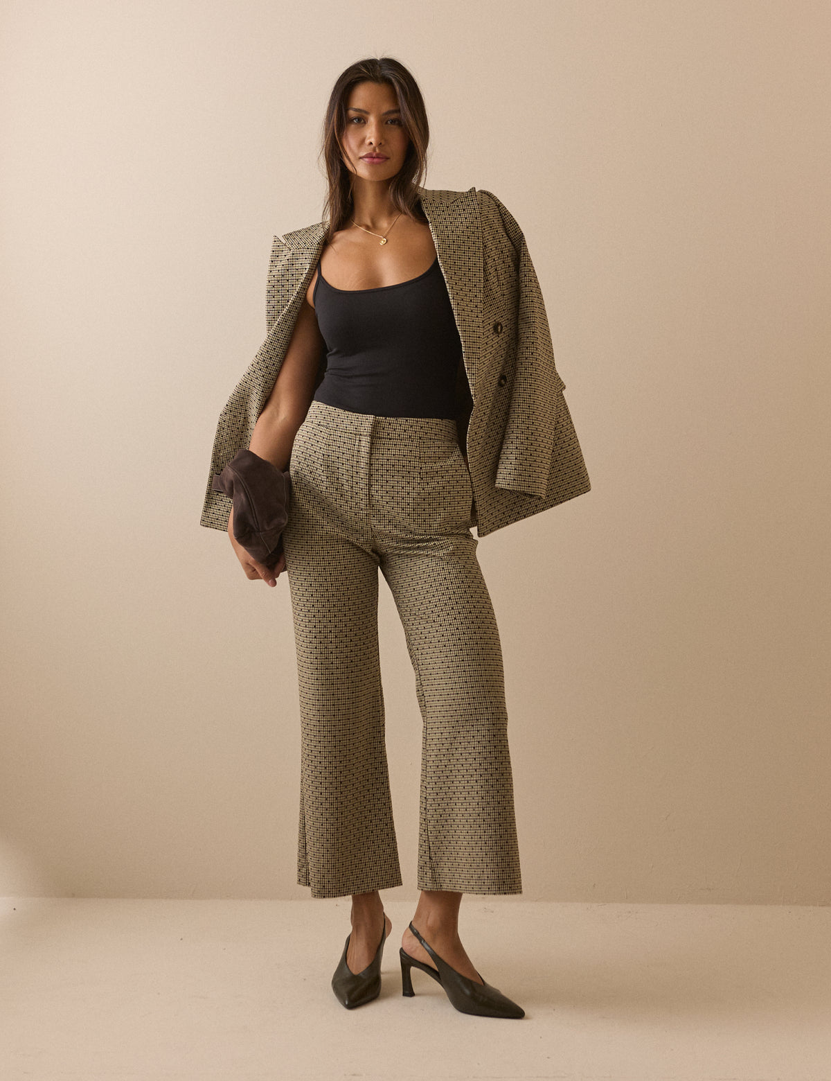 Beige Houndstooth Polka Dot Cropped Flare Trousers