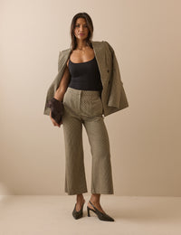 Beige Houndstooth Polka Dot Cropped Flare Trousers