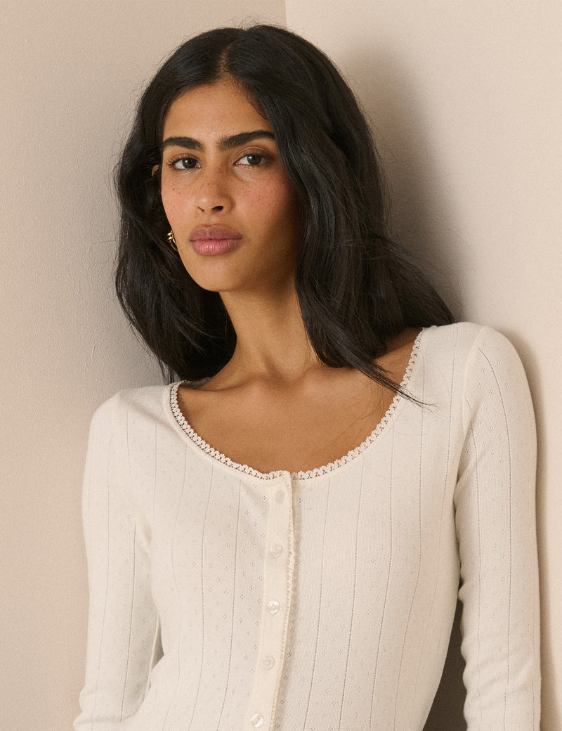 White Scoop Neck Pointelle Cardigan