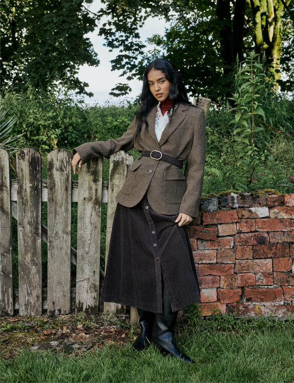 Brown Button Down Cord Midi Skirt