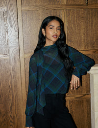 Blue and Green Tartan Tie Neck Blouse