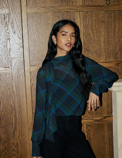 Blue and Green Tartan Tie Neck Blouse