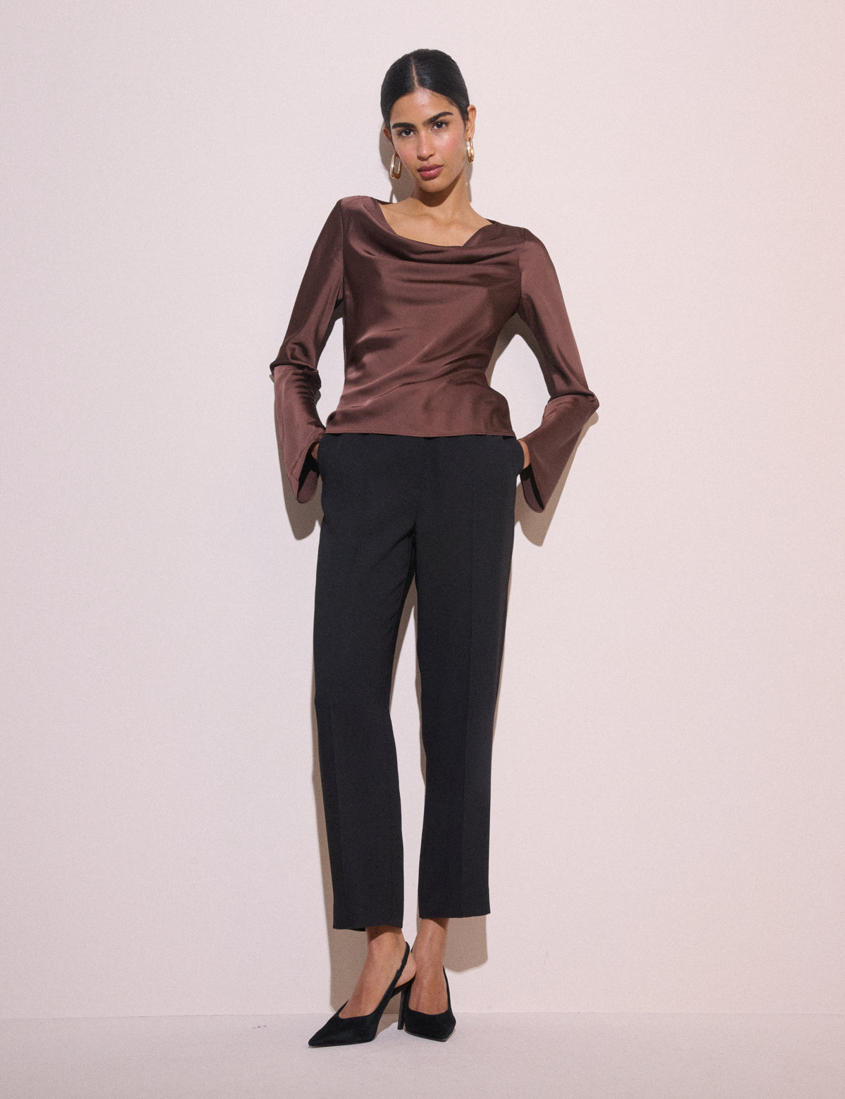 Brown Cowl Neck Satin Top