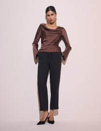 Brown Cowl Neck Satin Top