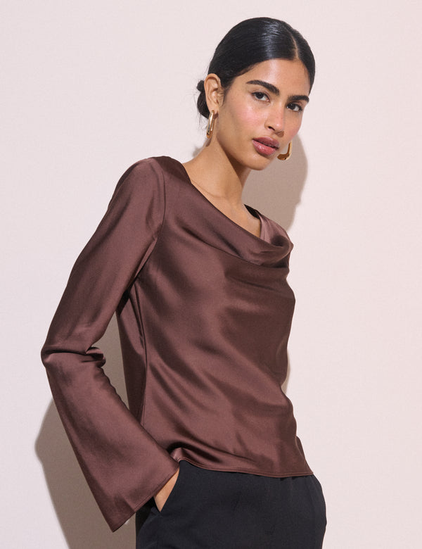 Brown Cowl Neck Satin Top