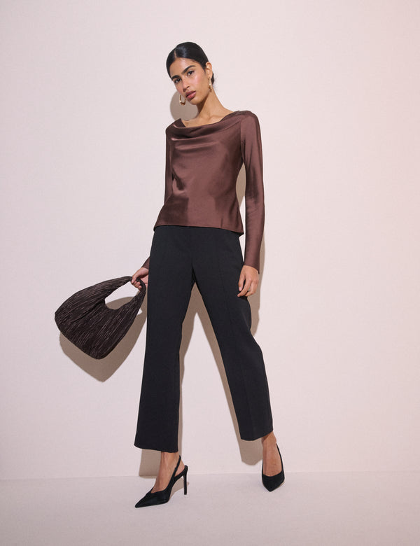 Brown Cowl Neck Satin Top