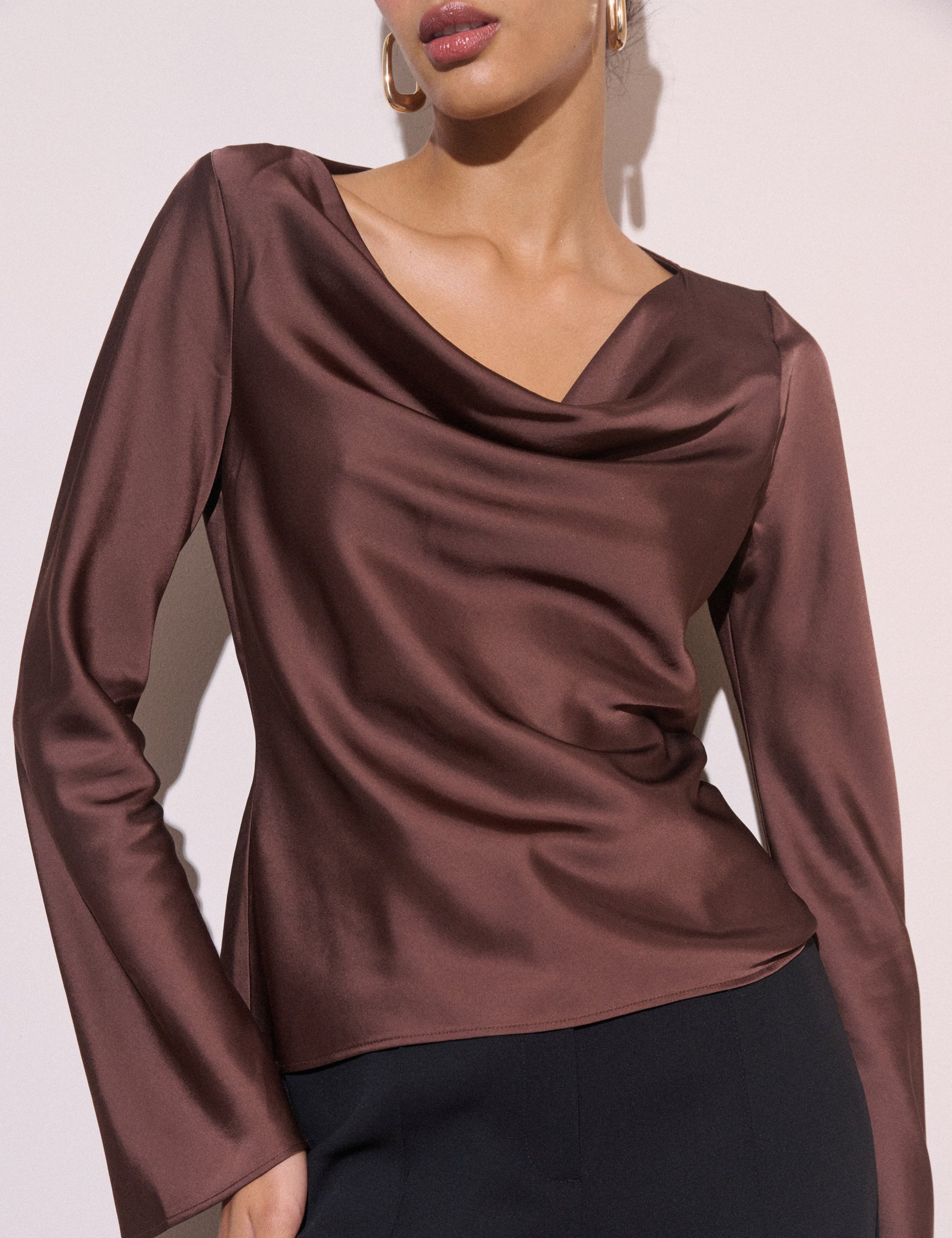 Brown Cowl Neck Satin Top