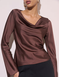 Brown Cowl Neck Satin Top