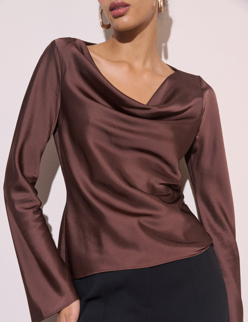 Brown Cowl Neck Satin Top