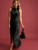 Black Asymmetrical Hem Satin Marta Maxi Dress