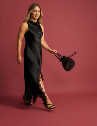 Black Asymmetrical Hem Satin Marta Maxi Dress