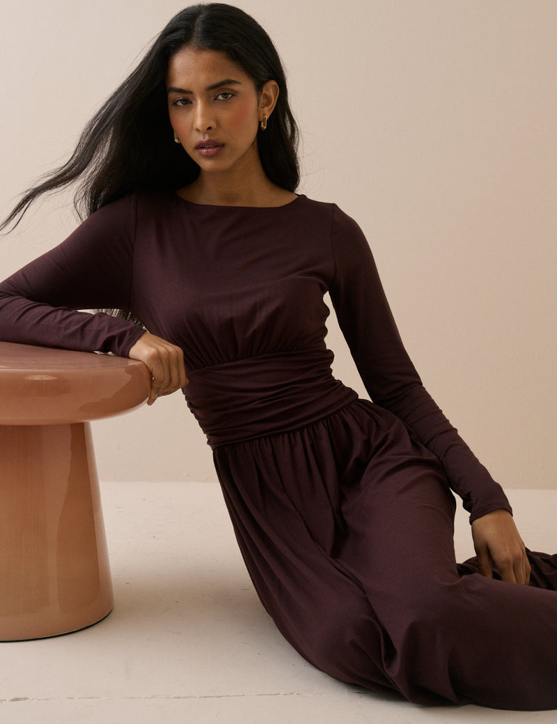 Plum Jersey Long Sleeve Ayla Midi Dress