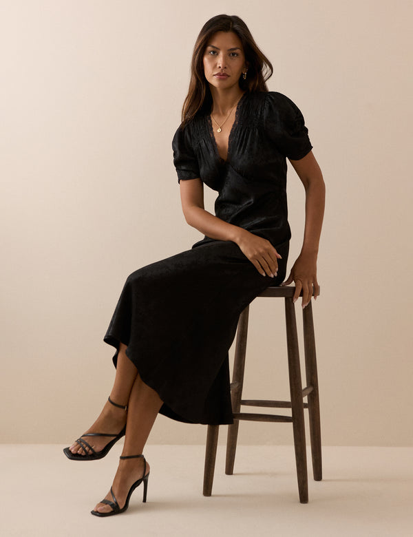 Black Jacquard Floral Satin Nicolette Midi Dress