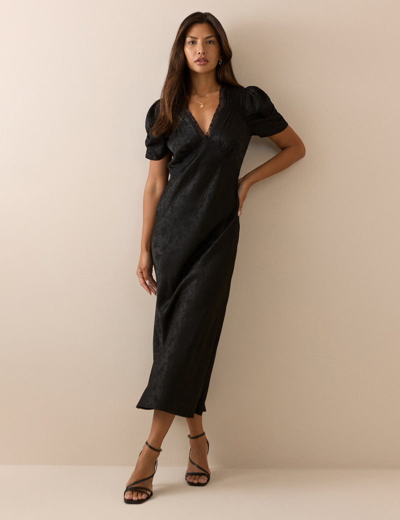 Black Jacquard Floral Satin Nicolette Midi Dress