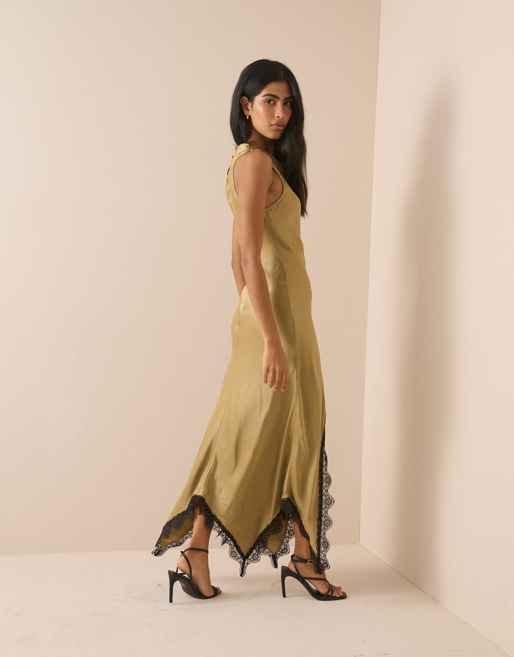 Golden Green Satin Marta Maxi Dress