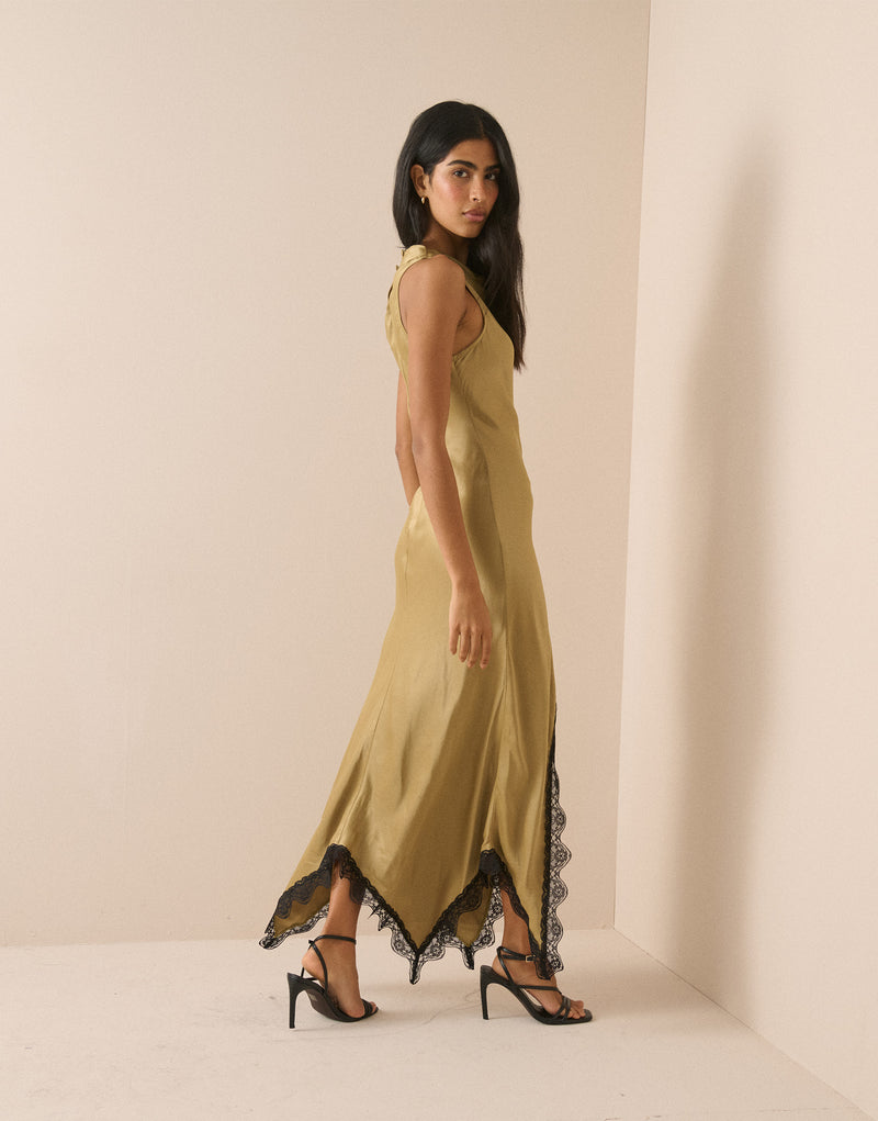 Golden Green Satin Marta Maxi Dress