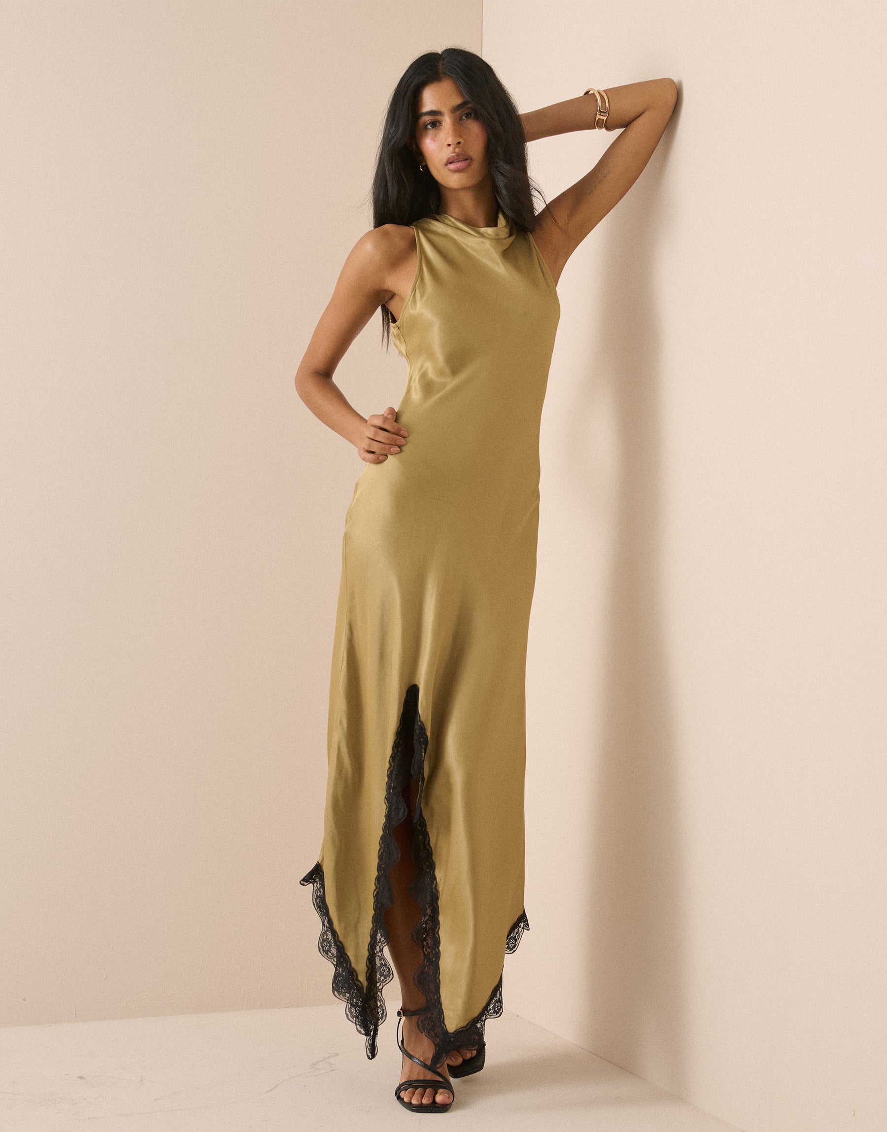 Golden Green Satin Marta Maxi Dress