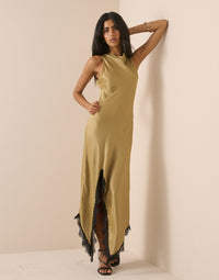 Golden Green Satin Marta Maxi Dress