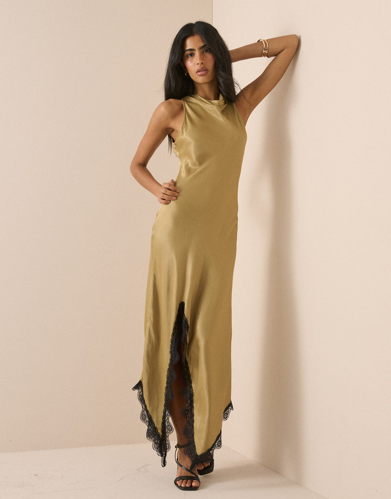 Golden Green Satin Marta Maxi Dress