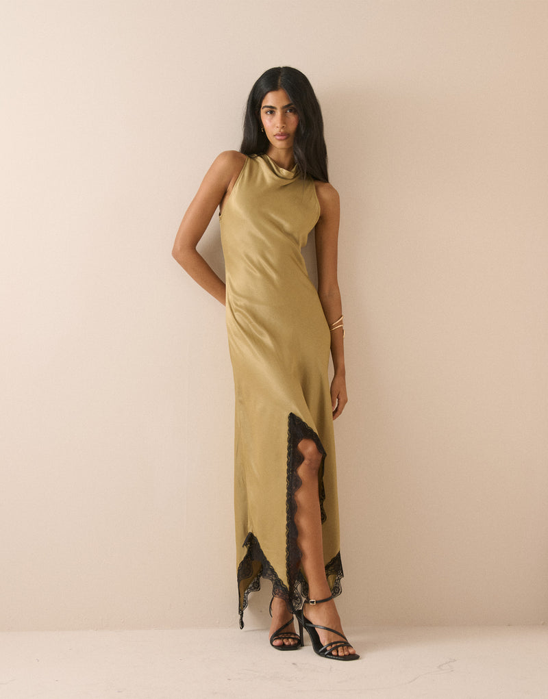 Golden Green Satin Marta Maxi Dress