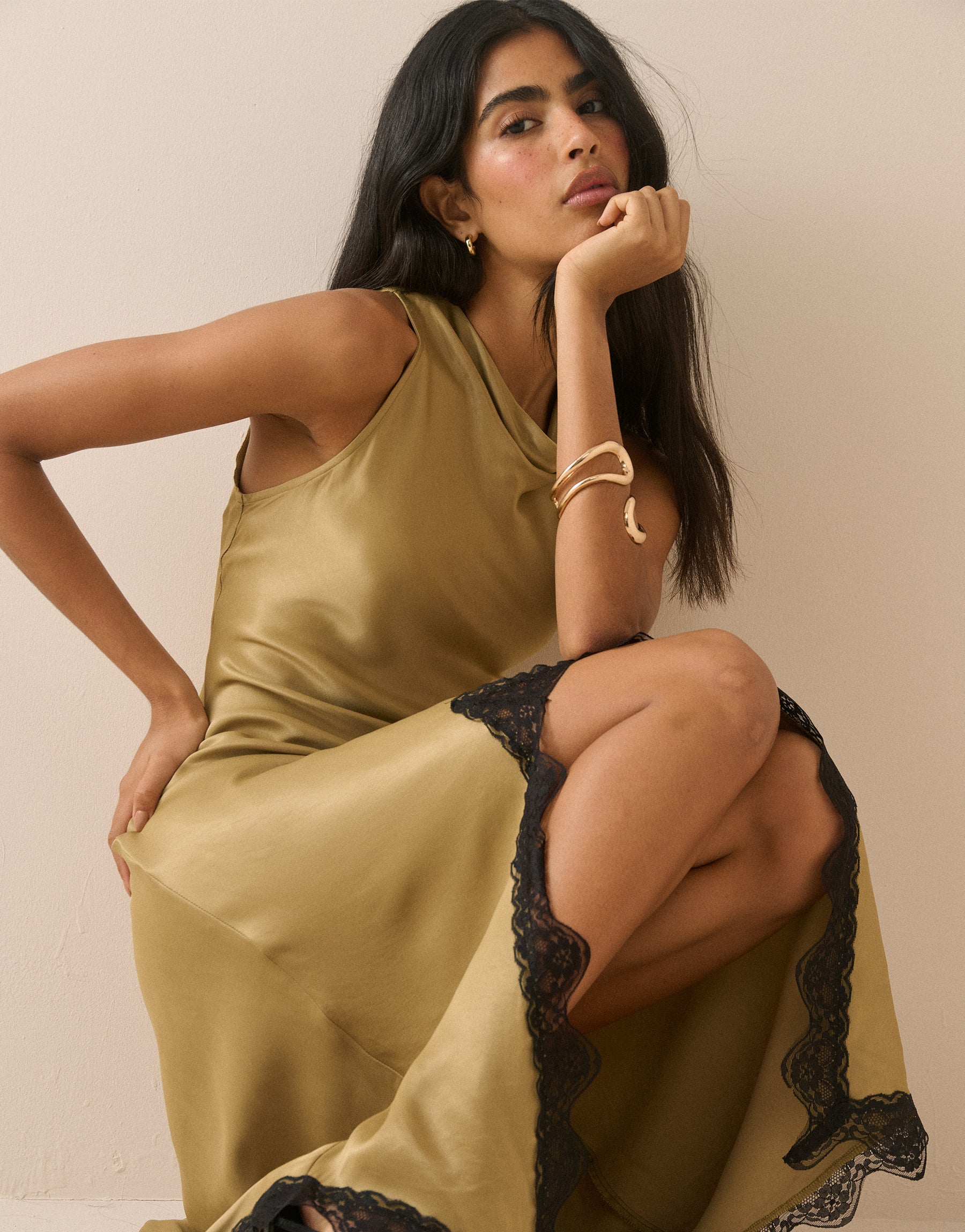 Golden Green Satin Marta Maxi Dress