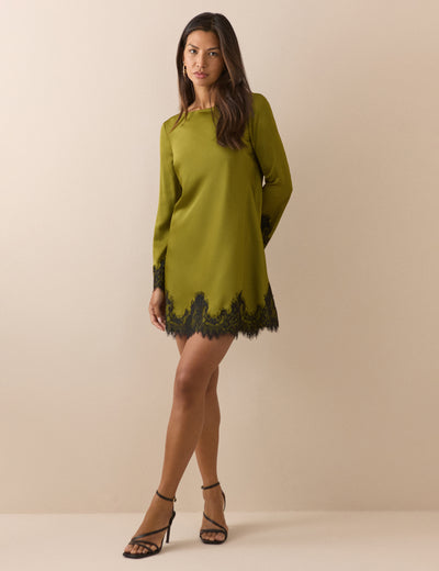 Olive Green Lace Trim Satin Kamari Mini Dress