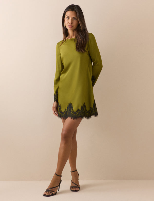 Olive Green Lace Trim Satin Kamari Mini Dress
