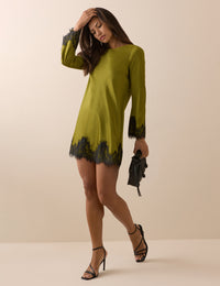 Olive Green Lace Trim Satin Kamari Mini Dress