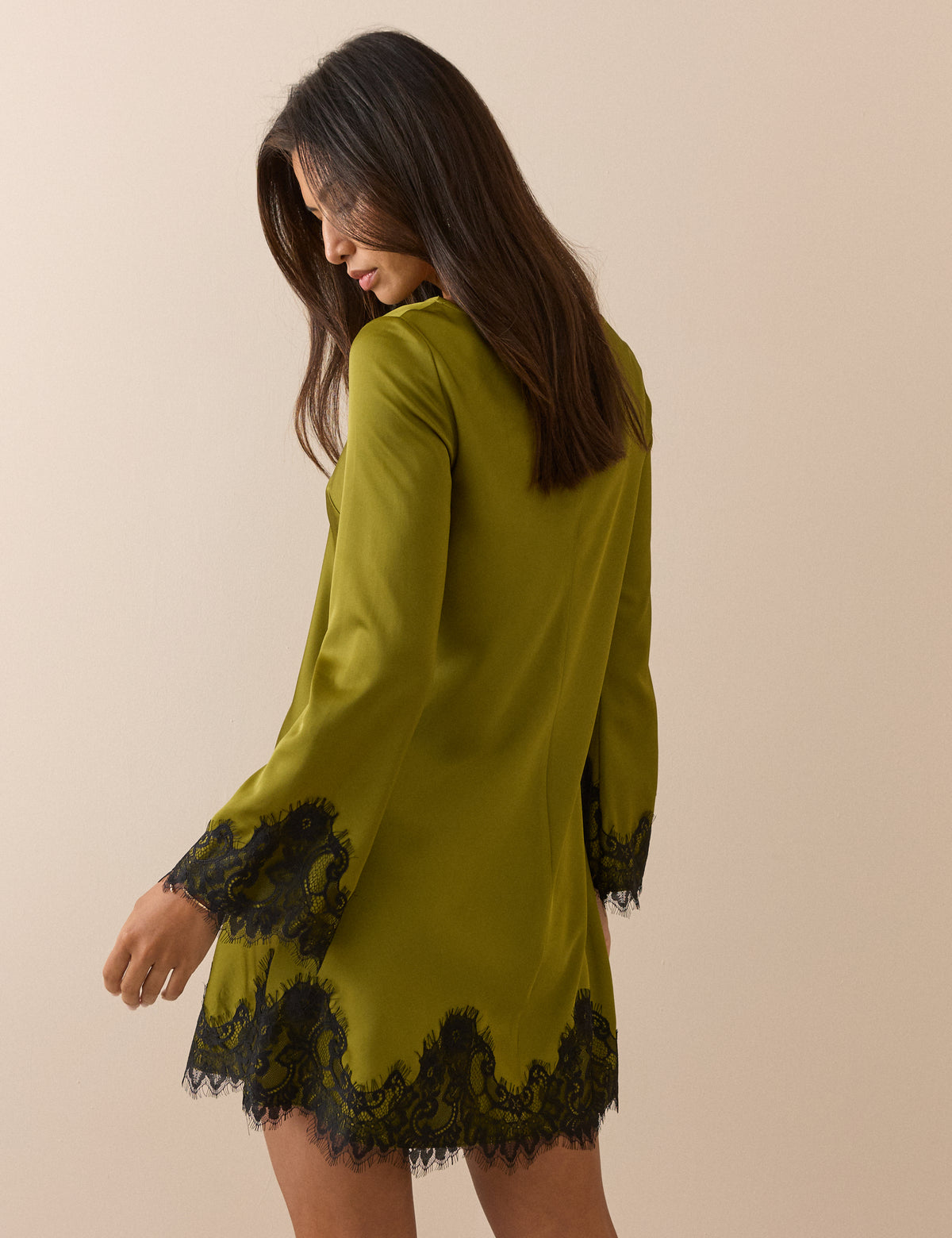 Olive Green Lace Trim Satin Kamari Mini Dress