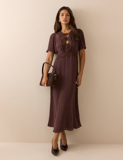 Brown Lace Trim Wynne Midi Dress