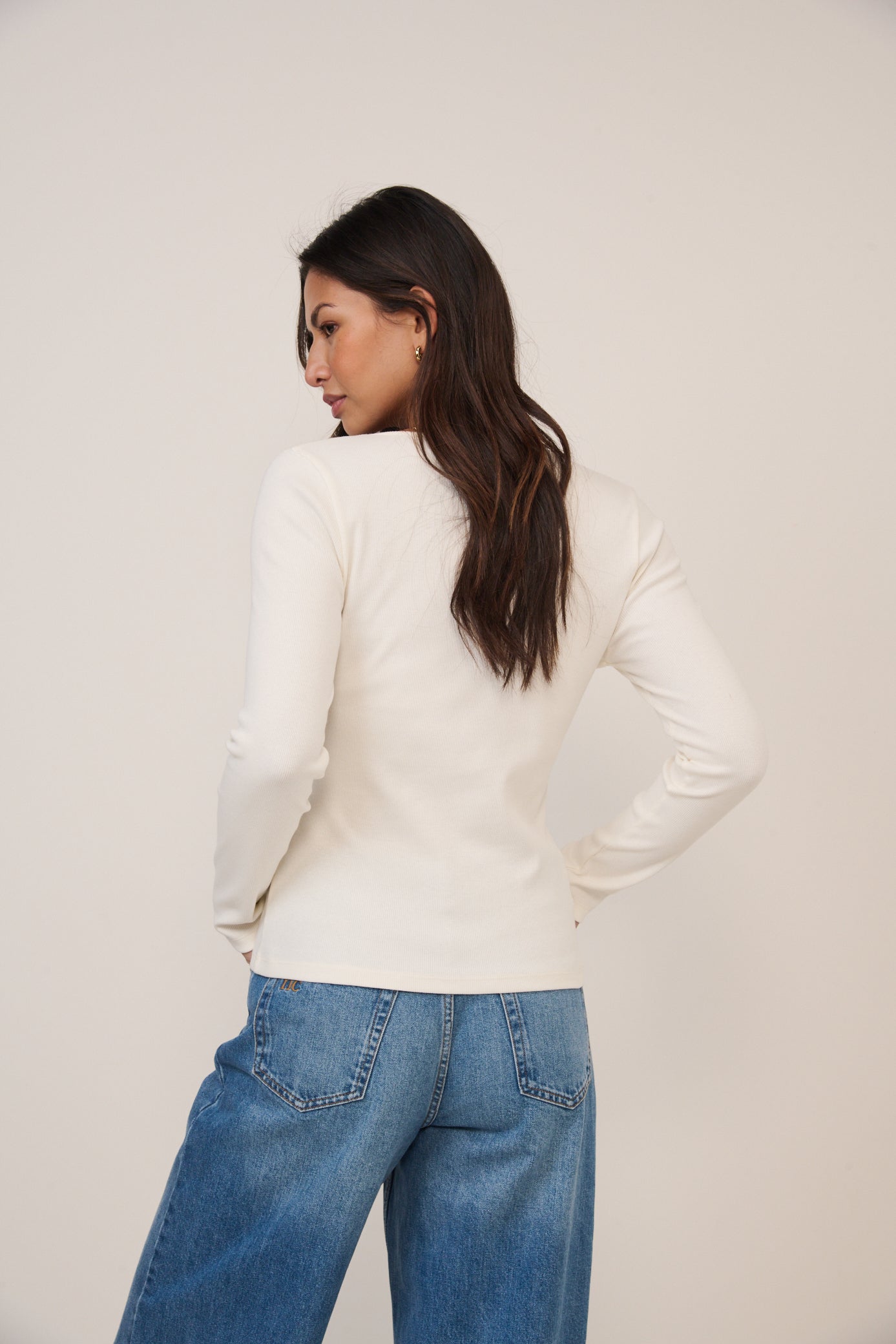 Cream V Neck Long Sleeve Ribbed Top