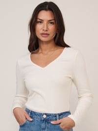 Cream V Neck Long Sleeve Ribbed Top
