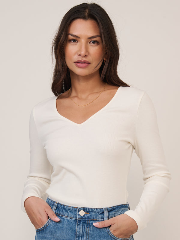 Cream V Neck Long Sleeve Ribbed Top