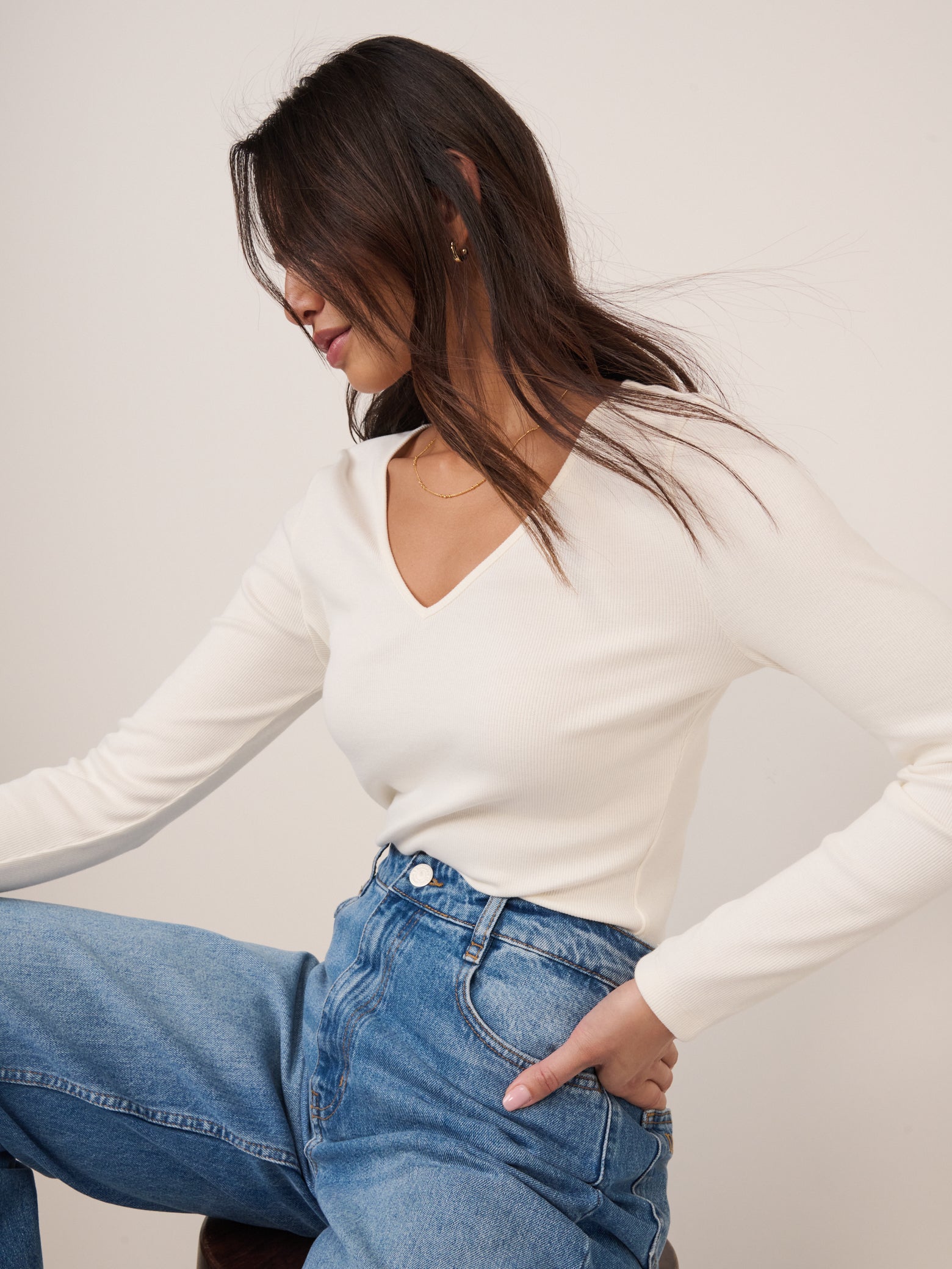 Cream V Neck Long Sleeve Ribbed Top