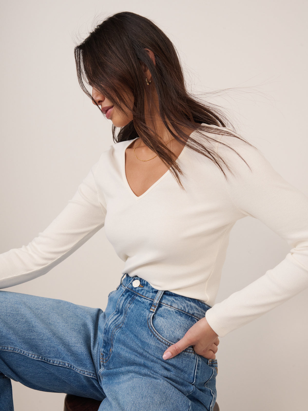 Cream V-Neck Long Sleeve Ribbed Top