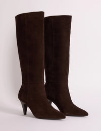 Brown Suede Knee High Heeled Boots