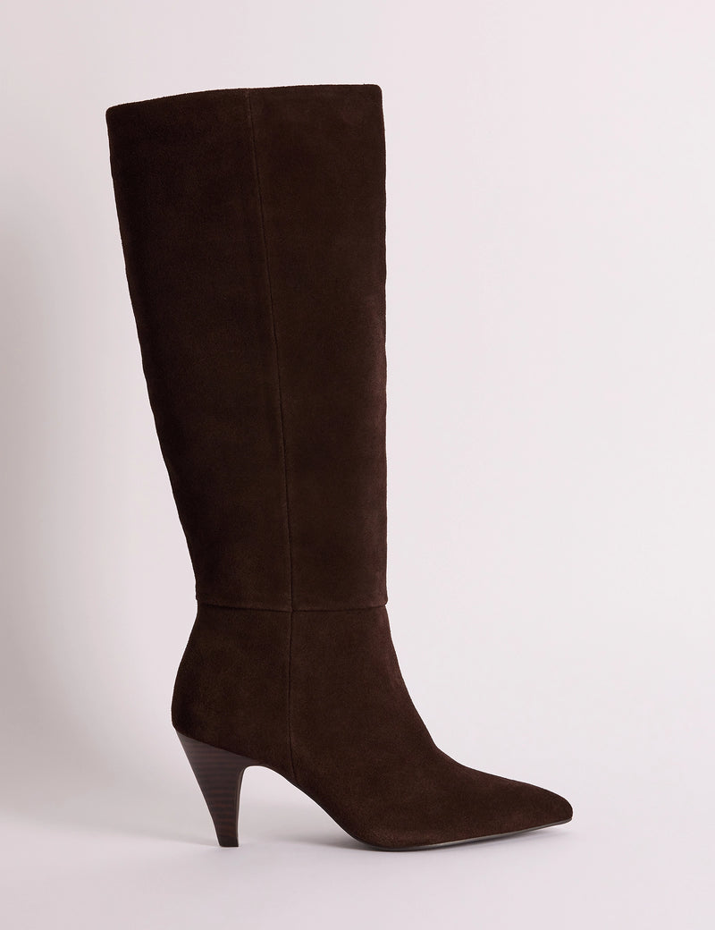 Brown Suede Knee High Heeled Boots